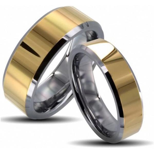 【並行輸入品】彼&amp;彼女の8 mm/6 mm 2つトーンゴールドシャイニーセンター&amp;面取りエッジの結婚...