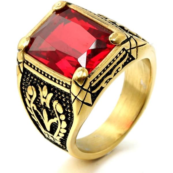 【並行輸入品】INRENG メンズ ステンレス リング スクエアルビージェムストーン ゴールドメッキ...