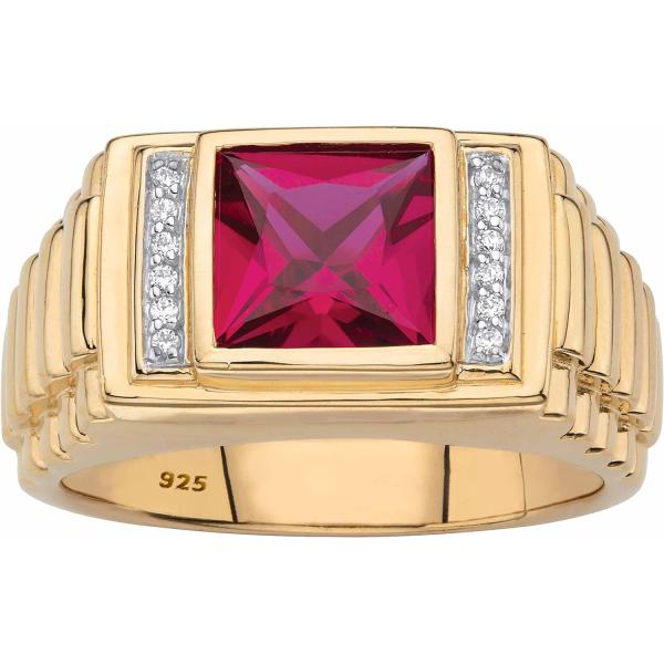 【並行輸入品】メンズ 18K イエローゴールド スターリングシルバー スクエアカット 人工レッドルビ...