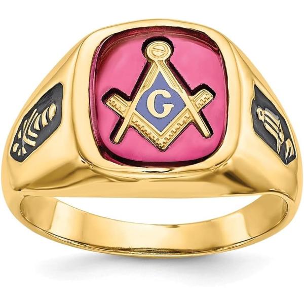 【並行輸入品】14 Kイエローゴールドメンズ合成ルビーフリーメイソンリング　