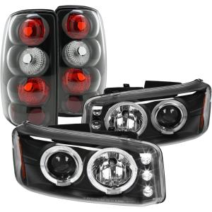 Spec-D Tuning Glossy Black Projector Headlights + LED Turn Signal + LED Fog Compatible with GMC Yukon Denali Left + Right Pair Headlamps Assembly