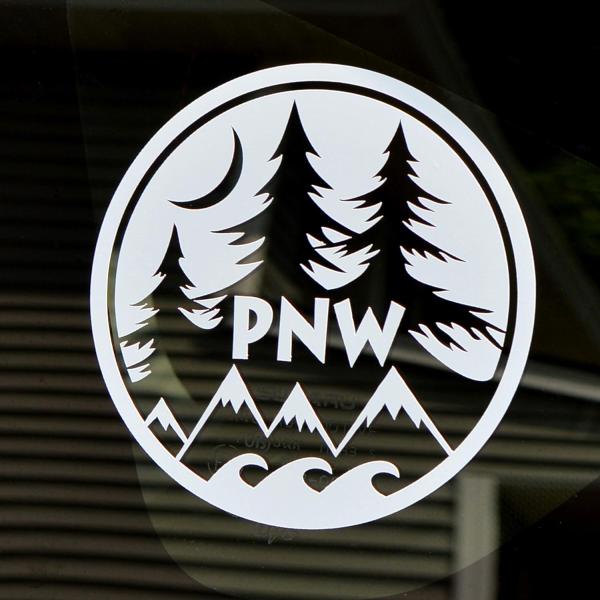 ラウンド PNW デカール | 4インチ ホワイト 車またはトラックの窓/バンパーステッカー 山 海...