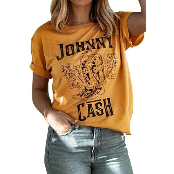 Johnny Cash Tシャツ レディース ロングブーツ グラフィック 半袖 Tシャツ ルーズトッ...