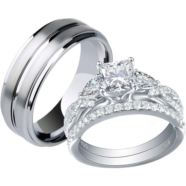 【並行輸入品】Newshe 結婚指輪セット 男女兼用 メンズ タングステンバンド スターリングシルバ...