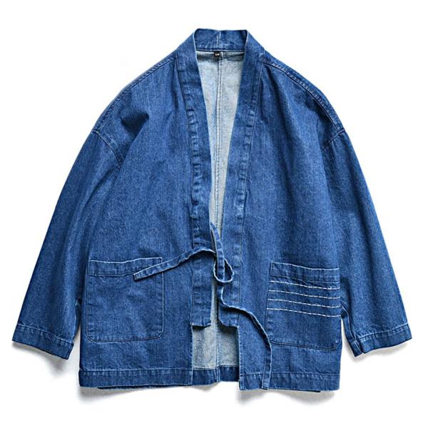 【並行輸入品】日本スタイルメンズブルーキモノデニムジャケットvinatgeオープンプラッテッドスタン...