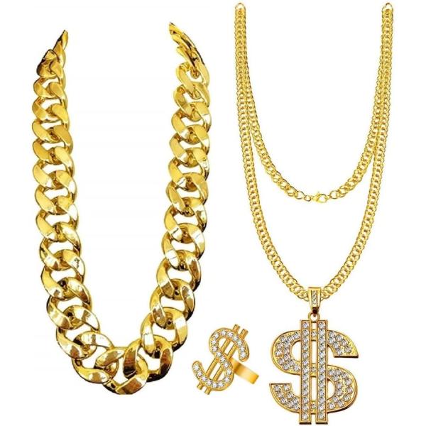 【並行輸入品】3ピース ヒップホップ チャンキーフェイクゴールドチェーン ダラーネックレスリング メ...