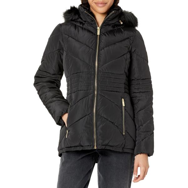 GUESS Women&apos;s Short Hooded Puffer Coat with Faux F...