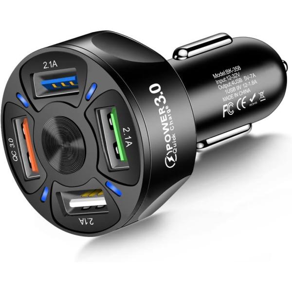 4ポート 車用充電器アダプター QC3.0 高速充電 LEDライトディスプレイ シガレットライター ...