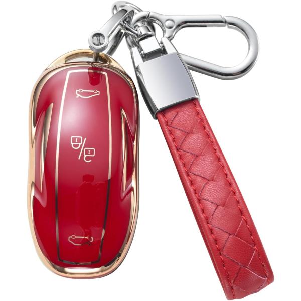 【並行輸入品】CHEZENHUI Tesla キーフォブカバー レザーストラップ付き 車のキーケース...