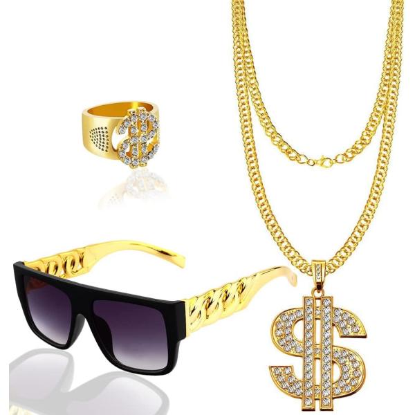 【並行輸入品】ヒップホップコスチュームキット ドル記号ネックレスとリング 80年代 90年代サングラ...
