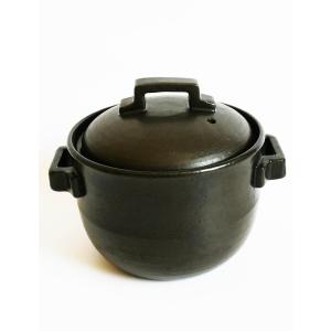 萬古焼土鍋 2合 黒しずく 炊飯鍋 (中蓋付) 1.2L 佐治陶器 二重蓋