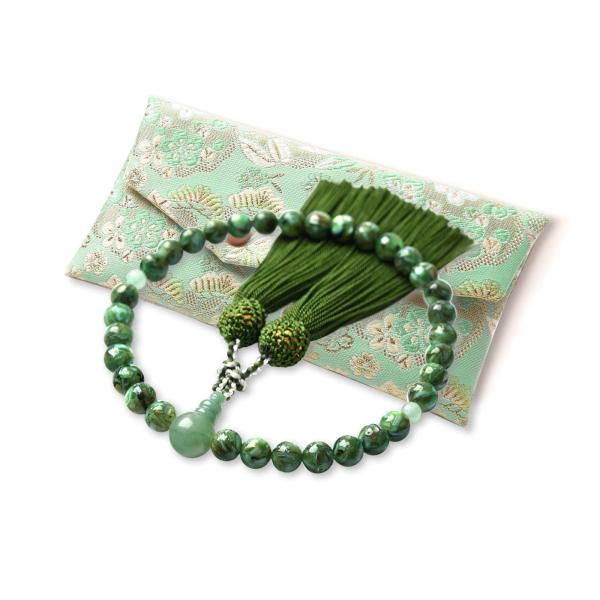 [EsuonHappiness] 数珠 女性用 西陣織金襴 数珠袋付き 天然石 紅水晶 印度翡翠 赤...