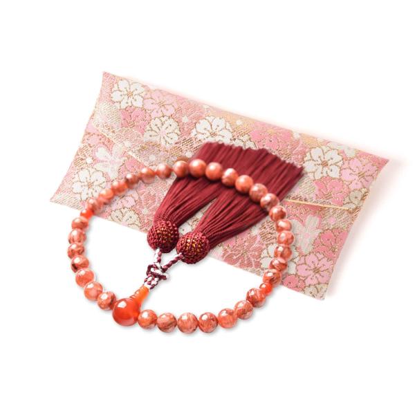 [EsuonHappiness] 数珠 女性用 西陣織金襴 数珠袋付き 天然石 紅水晶 印度翡翠 赤...