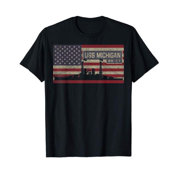 USSミシガンBB-27WW1戦艦USAアメリカンフラッグ Tシャツ