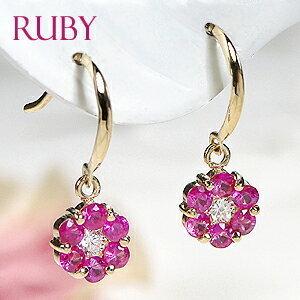 K18YG フラワー ルビー ダイヤモンド フック ピアス カラーストーン