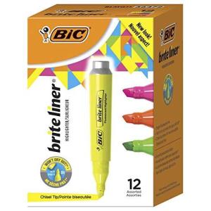 BIC Brite Liner Highlighter, Tank style, Chisel Tip, Box of 12 Assorted Flu