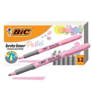 BIC Brite Liner Grip Pastel Highlighters, Ink Colors, Chisel Tip -- Box of