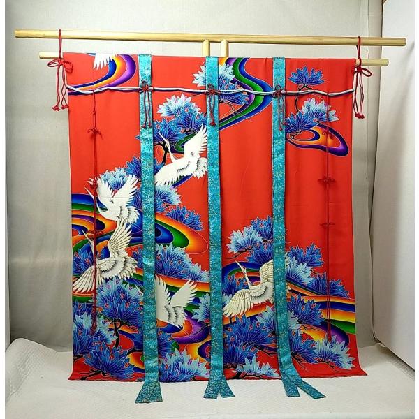 【現品限り】着物リメイク　几帳『紅い虹と鶴』　平安時代文化の衝立（ついたて）を現代風にアレンジした几...