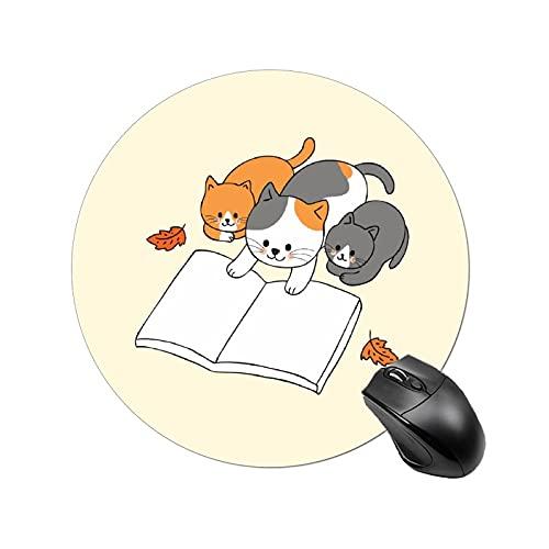 かわいいラウンドマウスパッド 猫 読書本 ファミリーワーキング ゲーミングマウスマット ノートパソコ...