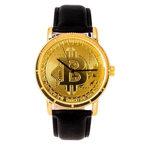 メンズ 40mm ゴールド 暗号通貨 ビットコイン 文字盤 腕時計 レザーストラップ - BTC -...