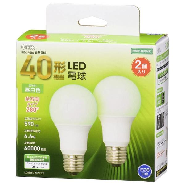 オーム電機 LED電球 E26 40形相当 昼白色 全方向 2個入 LDA5N-G AG52 2P ...