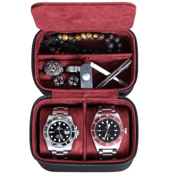 ダブルウォッチ旅行ケース 収納オーガナイザー 2本の腕時計用 丈夫なポータブル保護 ファスナー付き ...