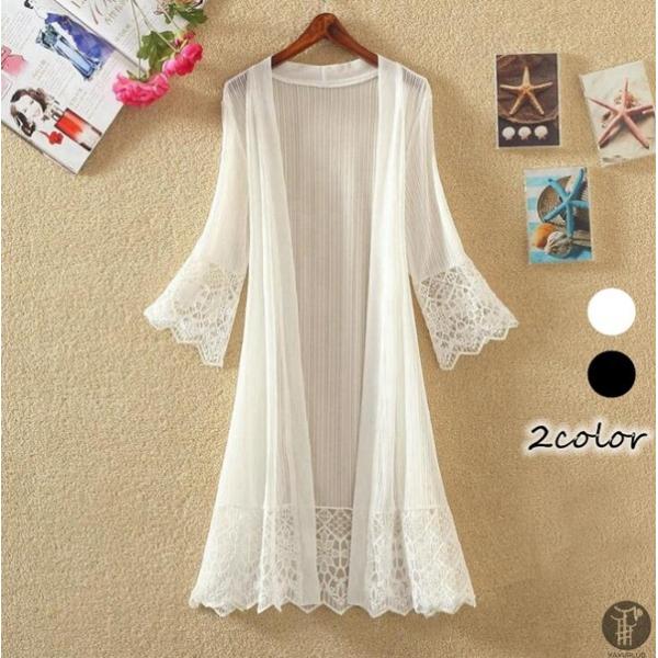 レースカーディガン 冷房対策 ロングカーディガン 日焼け止め服 カーディガン  レディース 透かし雕...