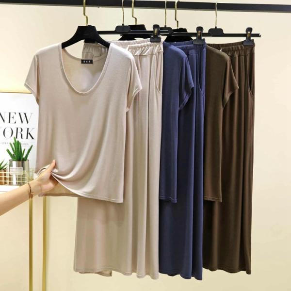 セットアップ レディース 夏 上下セット 半袖 Tシャツ ワイドパンツ モダール 涼しい 大きいサイ...