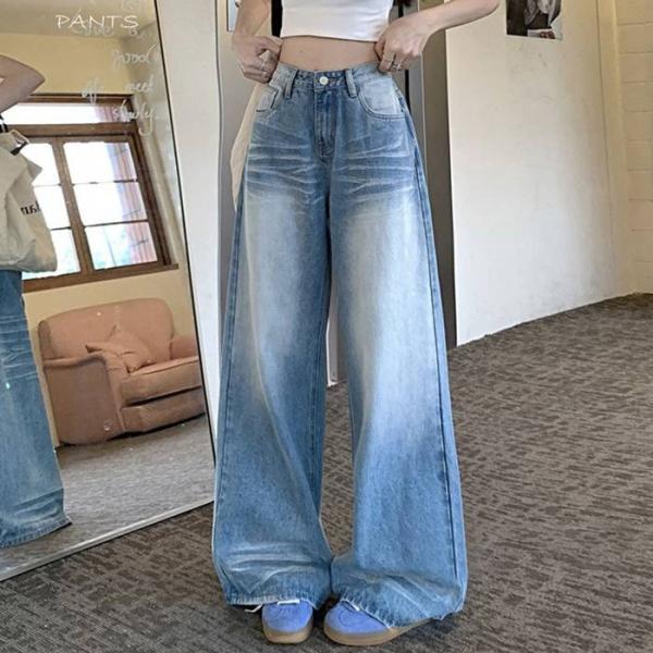 ワイドデニム レディース ワイドパンツ デニム ジーンズ ストレート バギーパンツ ウォッシュ加工 ...