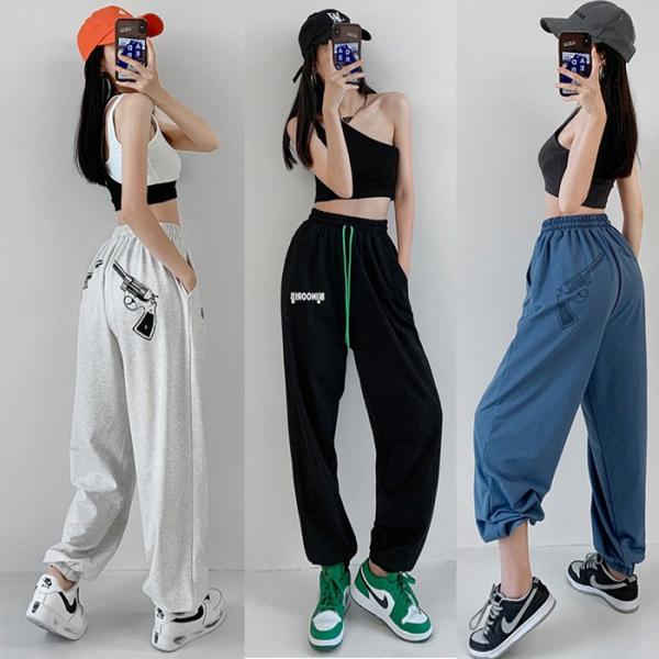 ダンスパンツ レディース 長ズボン スウェットパンツ ウエストゴム カラーパンツ ゆったり 韓国 チ...