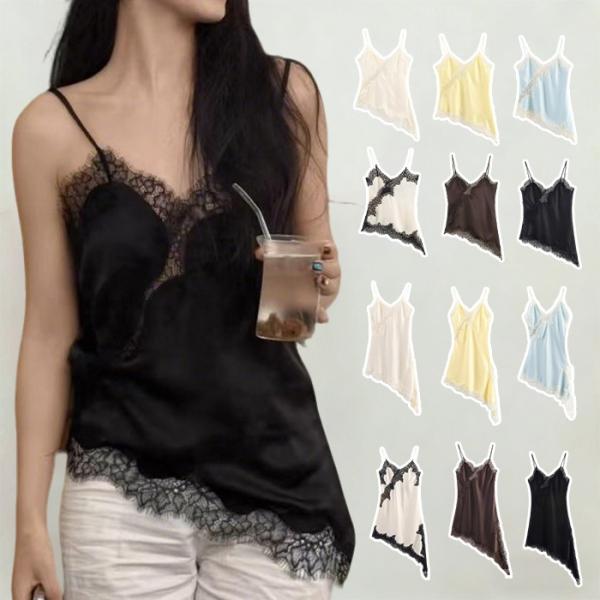 レース サテン レースキャミソール レディース アシンメトリー ベスト トップス サテンレース サテ...