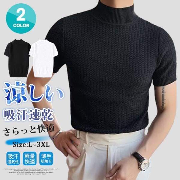 サマーニット メンズ Tシャツ 半袖 トップス ニット 春 ハイネック カットソー 夏服 吸汗 通気...