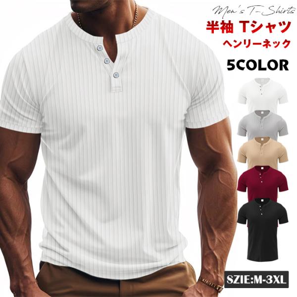 半袖 Tシャツ ヘンリーネック メンズ ボタン 無地 通勤 ゴルフウェア