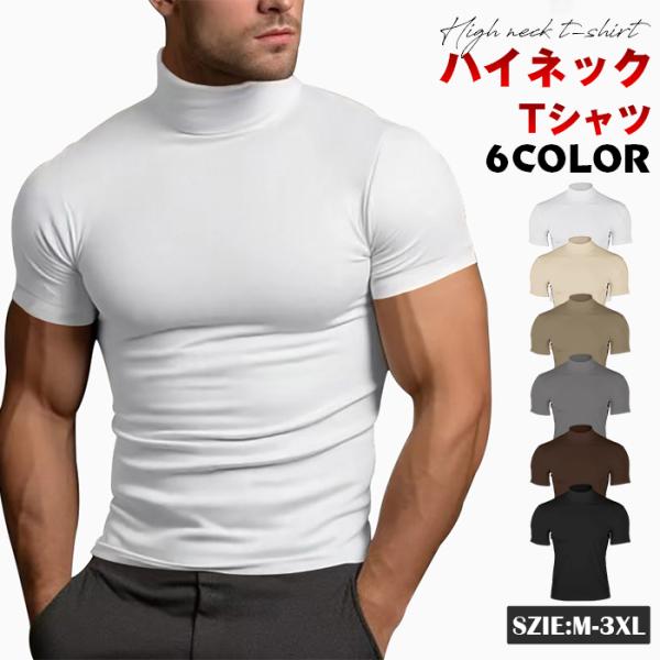 ハイネック tシャツ ゴルフウェア メンズ 半袖 ゴルフ 無地tシャツ モックネック