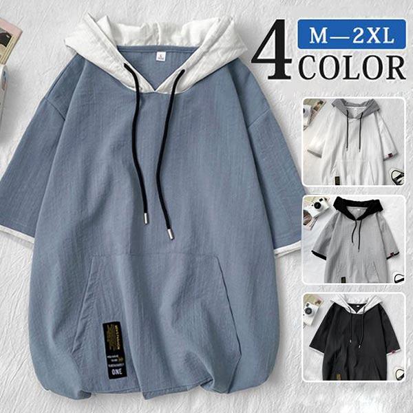 半袖パーカー メンズ パーカー フード付き 韓国風 おしゃれ ポケット 夏 夏パーカー プルオーバー...