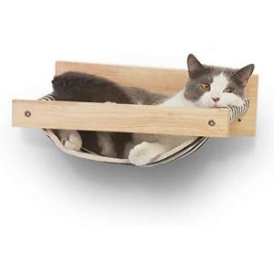 FUKUMARU壁掛け式猫用ハンモック、ラバーウッド製骨組み、睡眠、運動、休憩等が可能な猫用ハンモックです。15kgでも大丈夫 (黒と白のストライプ)