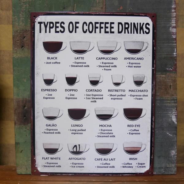 アンティーク メタルプレート TYPES OF COFFEE DRINKS ブリキ看板 インテリア