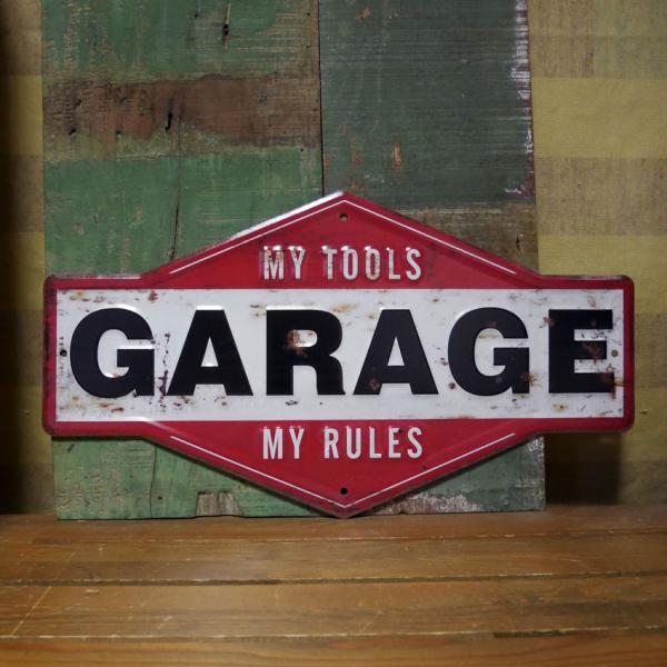 アンティークエンボスプレート GARAGE MY TOOLS インテリア ダイカット ブリキ看板