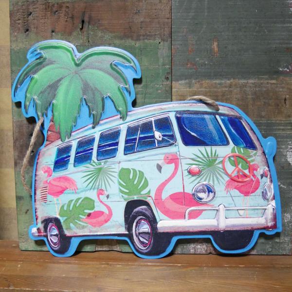 アンティークエンボスプレート FLAMINGO Wagon ダイカット インテリア ブリキ看板 ワー...