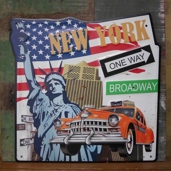 アンティークエンボスプレート NEW YORK ONE WAY インテリア ダイカット ブリキ看板 ...