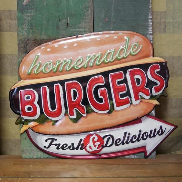 アンティークエンボスプレート ダイカット BURGERS ブリキ看板 インテリア