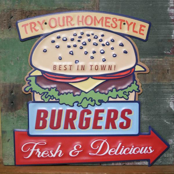 アンティーク エンボスプレート HOME STYLE BURGERS ダイカット ブリキ看板 ハンバ...
