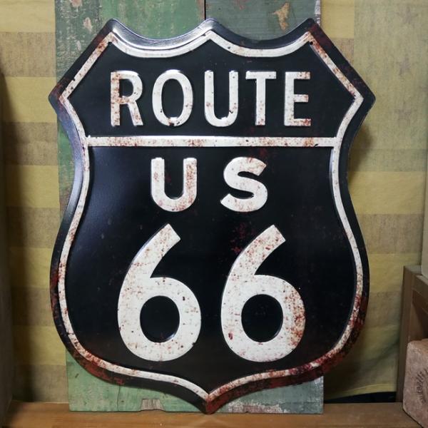 アンティークエンボスプレート ルート66 ブリキ看板 インテリア ROUTE US66 ダイカット ...