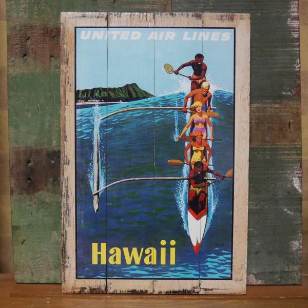 ハワイアン ヴィンテージ看板 インテリア UNITED AIR LINES HAWAII 木製看板 ...