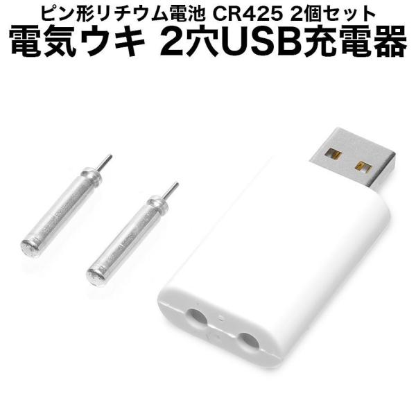 2穴充電 電気ウキ USB充電器 CR425 リチウム電池 セット ピン形充電 釣り フロート