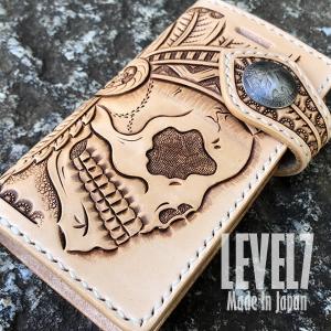 LEVEL7 日本製のハンドメイド 各種iPhoneに対応 iPhoneケース 手帳型 本革/イタリアンレザー インディアンスカル SKULL レザーカービング｜goody-online