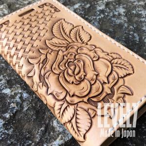 LEVEL7 日本製のハンドメイド 各種iPhoneに対応 iPhoneケース 手帳型ケース 本革/ヌメ革 イタリアンレザー 薔薇/バラフラワーカービング