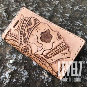 LEVEL7 日本製のハンドメイド 各種iPhoneに対応 iPhoneケース 手帳型 本革/イタリアンレザー インディアンスカル レザーカービング