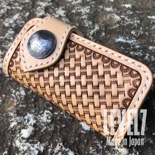 KEY CASE/キーケース 手縫い バスケットスタンプ/カービング イタリアンレザー 本革/ヌメ革...