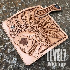 長財布 ロングウォレット SKULL/スカル カービング 手縫い イタリアンレザー ヌメ革 バイカーズウォレット 日本製  LEVEL7｜goody-online